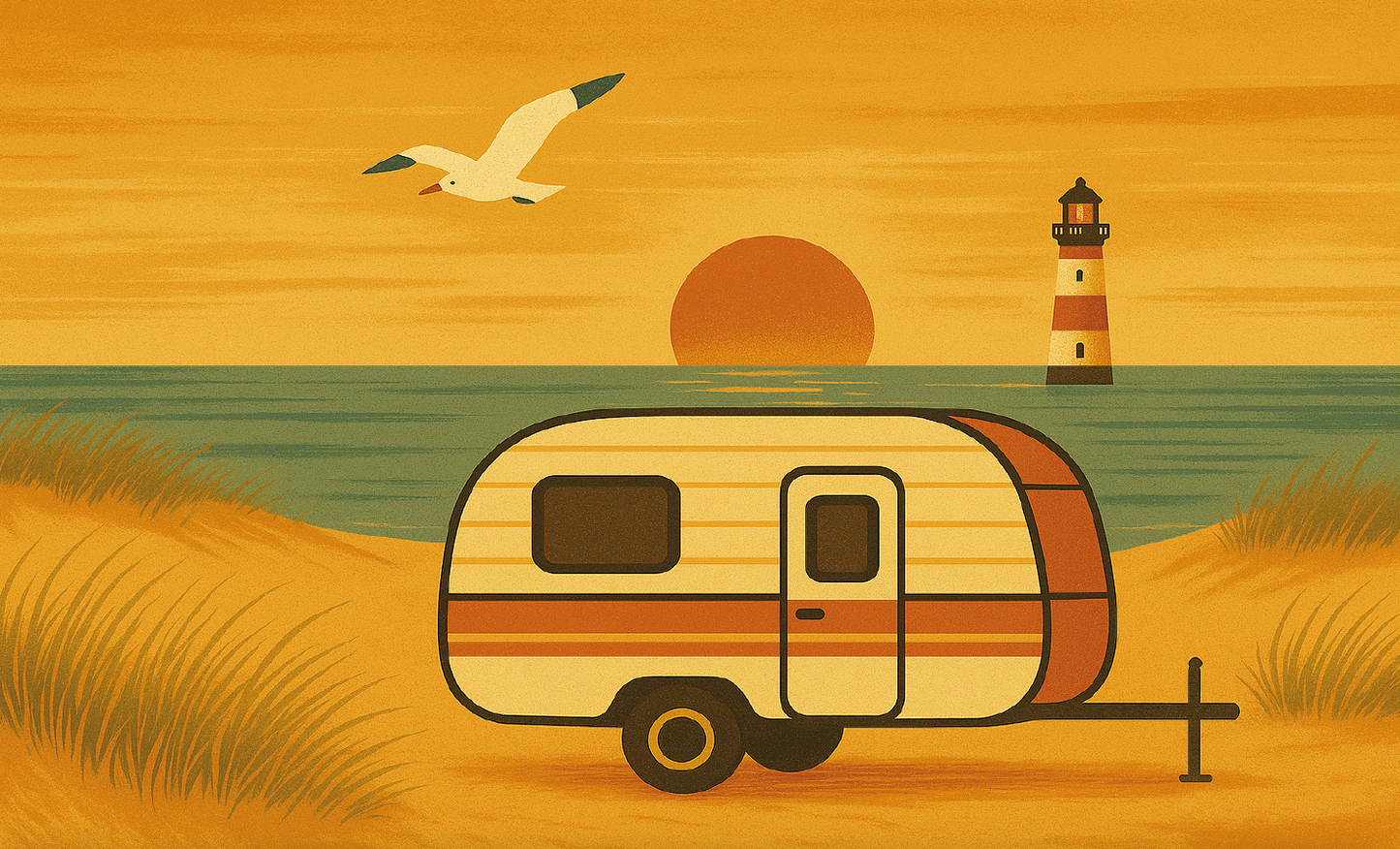 Sylt Flagge Camping – Wohnwagen im Sonnenuntergang