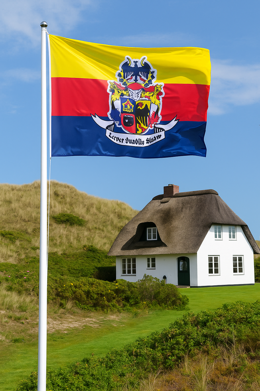 „Lever duad üs Slaaw“-Flagge mit traditionellem Wappen – Friesischer Stolz im Wind