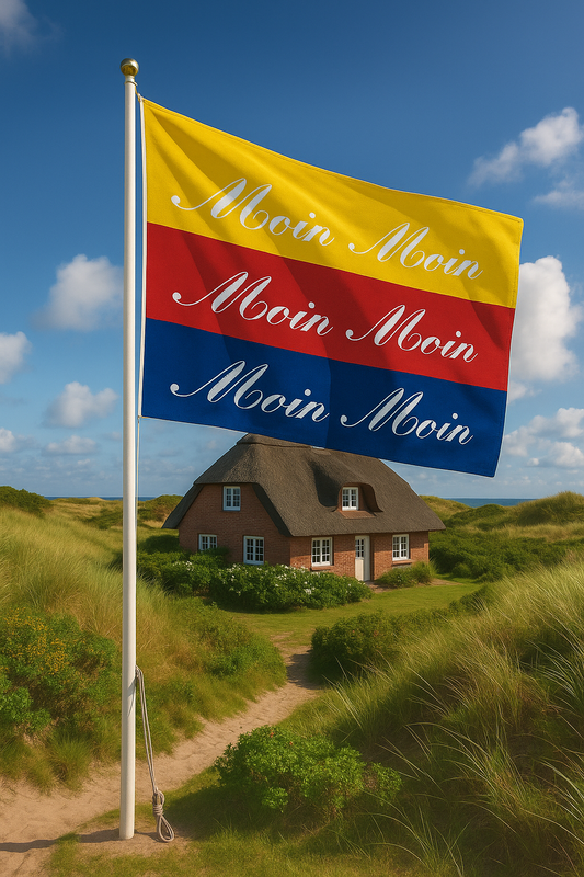 Moin Moin Flagge in Friesenfarben – Für alle, die das echte Nordsee-Gefühl lieben