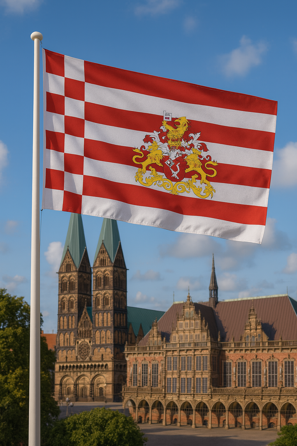 Bremenflagge mit Wappen & Krone – Hanseatische Würde in Rot-Weiß