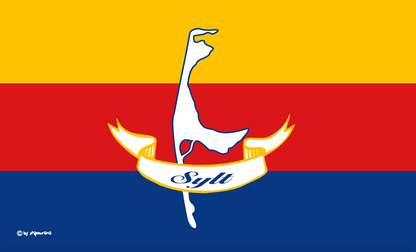 Drapeau de Sylt aux couleurs frisonnes – avec contour de l'île et inscription