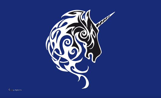 Einhorn-Flagge blau, Pferde, Spassfahnen, Fantasiefahnen, Kinderfahnen, Zeichenfahnen