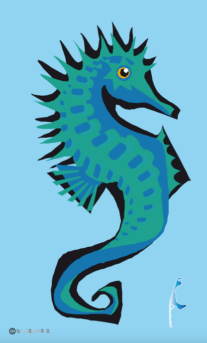 Drapeau hippocampe, bleu-vert – drapeau animalier avec silhouette de Sylt