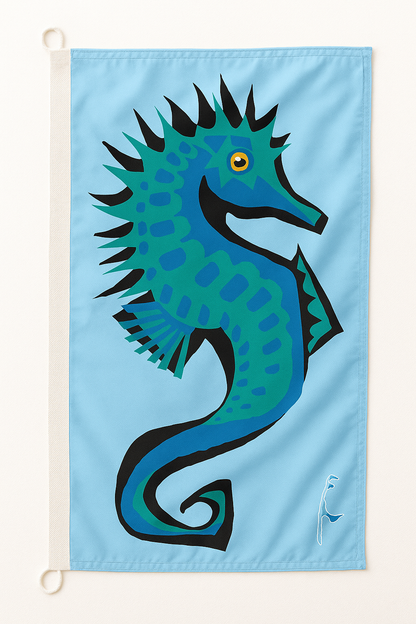 Drapeau hippocampe, bleu-vert – drapeau animalier avec silhouette de Sylt