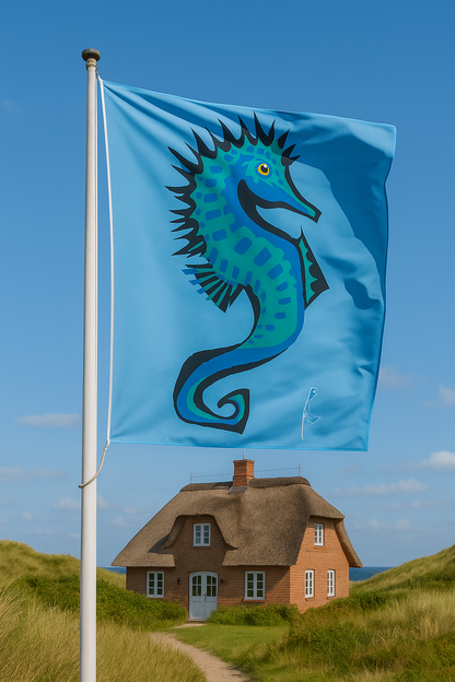 Drapeau hippocampe, bleu-vert – drapeau animalier avec silhouette de Sylt