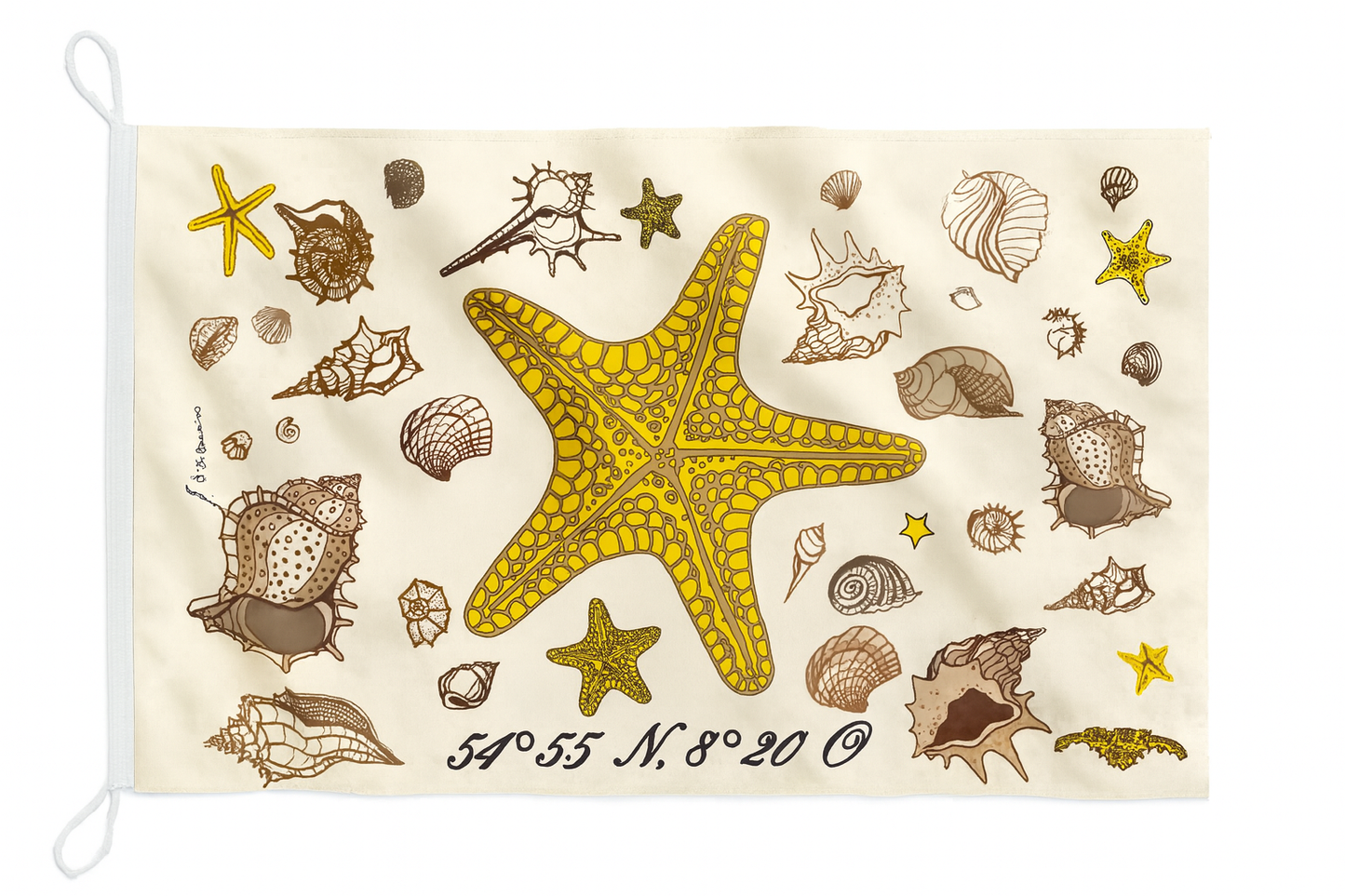 Seestern-Flagge – Maritime Deko mit Muscheln & Koordinaten