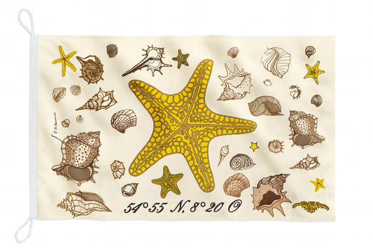 Seestern-Flagge – Maritime Deko mit Muscheln & Koordinaten