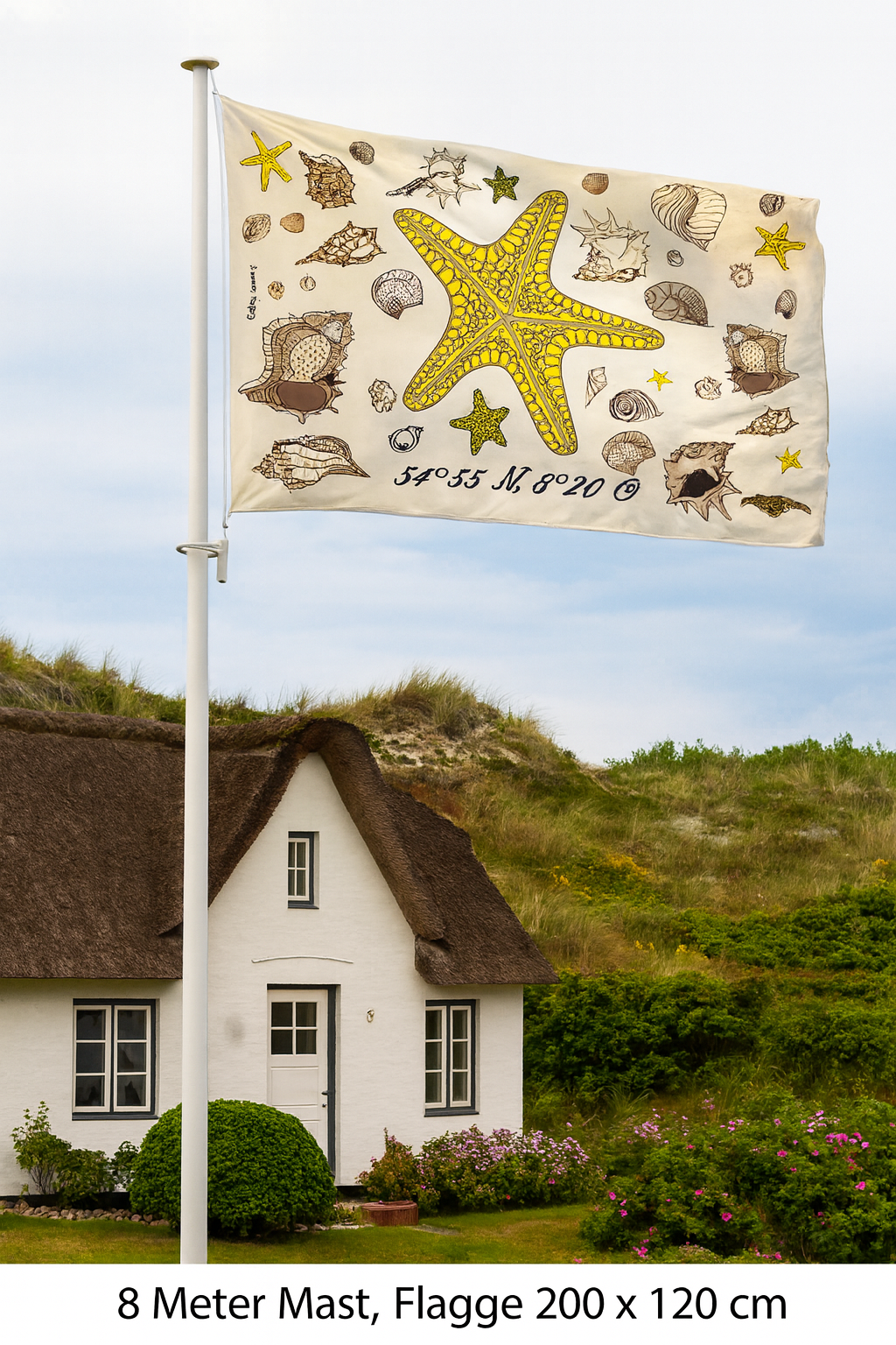 Seestern-Flagge – Maritime Deko mit Muscheln & Koordinaten