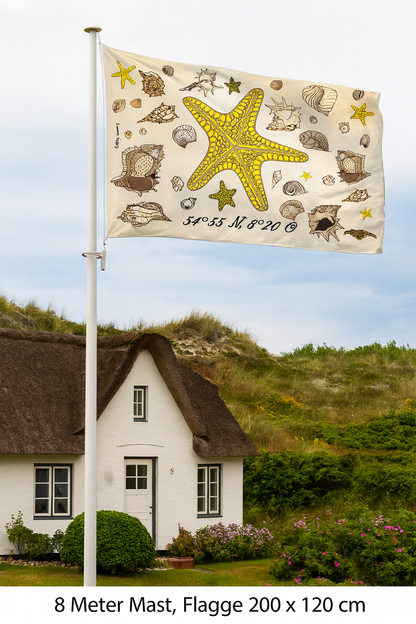Drapeau étoile de mer – Décoration maritime avec coquillages et coordonnées