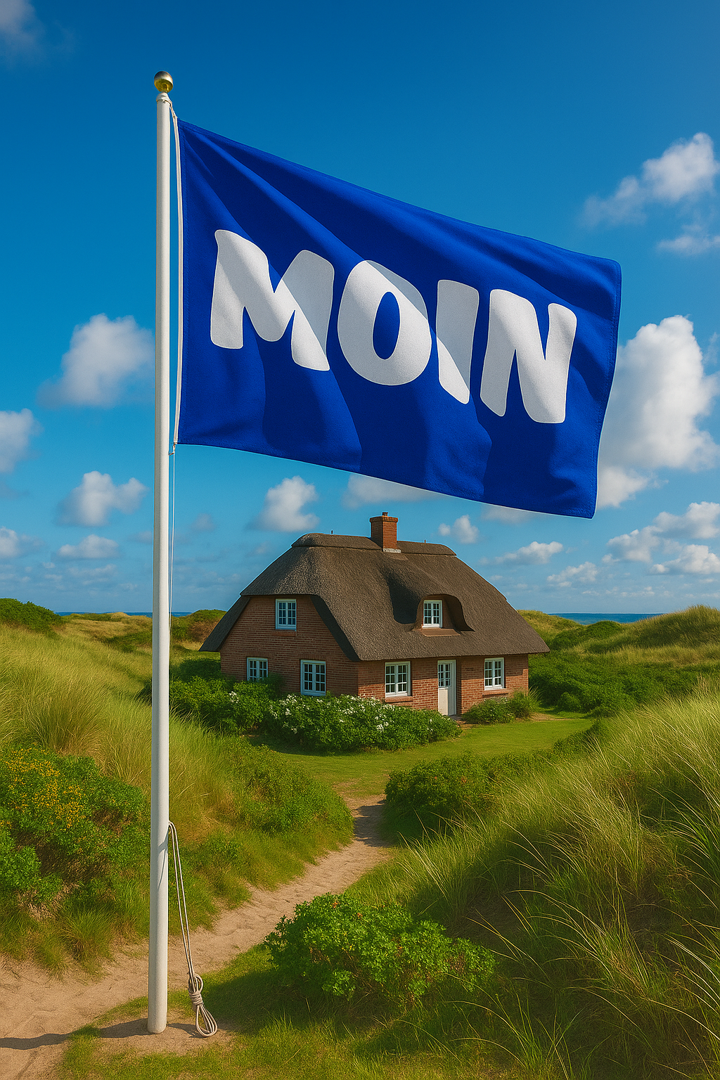 MOIN Flagge – Norddeutscher Gruß als Flagge | Wetterfest & Waschbar | Maritimes Statement & Deko