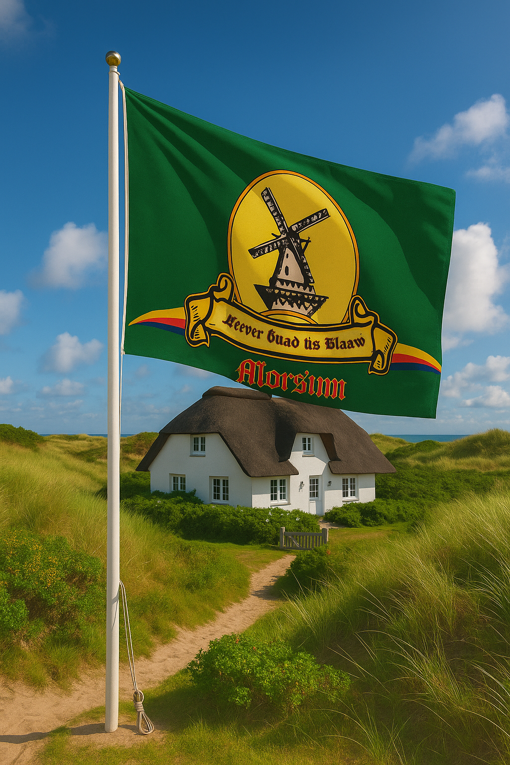Morsum Flagge mit Historischer Mühle – Sylt-Geschichte für Zuhause