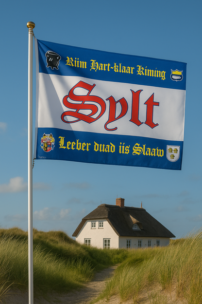 Nouveau drapeau de Sylt orné des dictons locaux « Rüm Hart » et « Lever duad » – un style insulaire plein d’assurance.