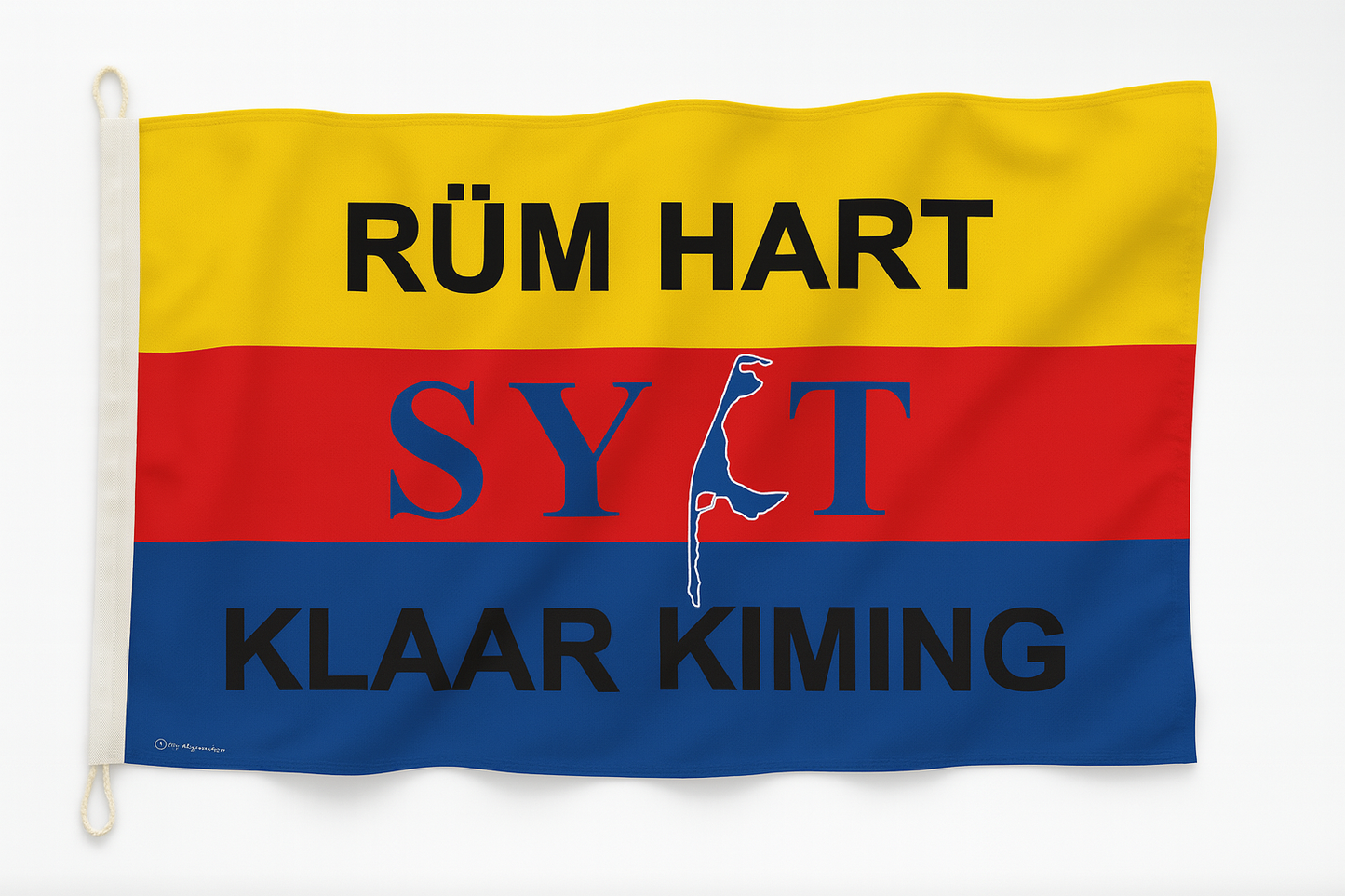 „Rüm Hart – Klaar Kiming“ Syltflagge mit Schriftzug & Inselmotiv