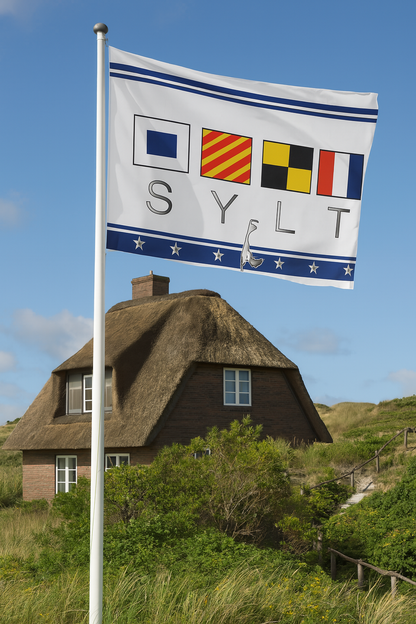 Pavillon de Sylt – Motif nautique avec pavillons de signalisation et silhouette de l'île