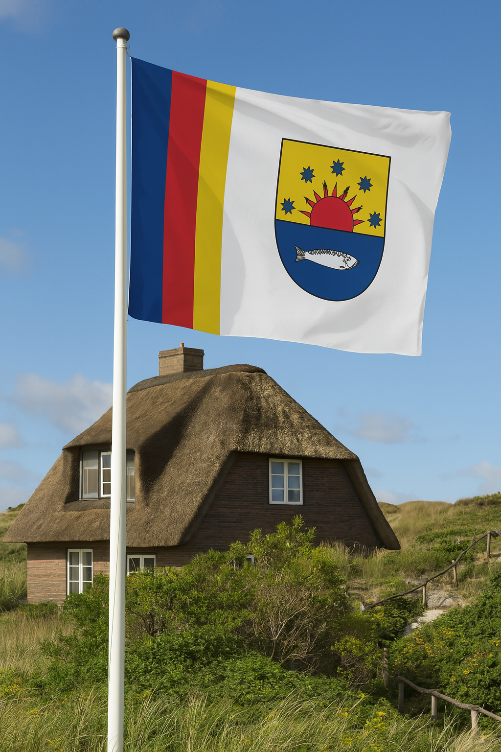 Sylt Ost Flagge – Regionalstolz mit Wappen, Sonne & Hering