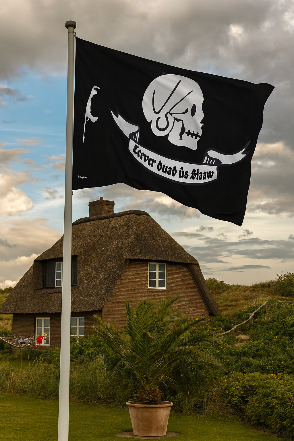 Sylt Piratenflagge – „Leever duad üs Slaaw“ mit Totenkopf & Insel