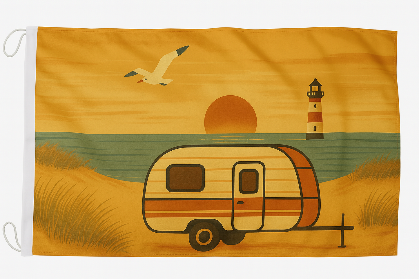 Sylt Flagge Camping – Wohnwagen im Sonnenuntergang