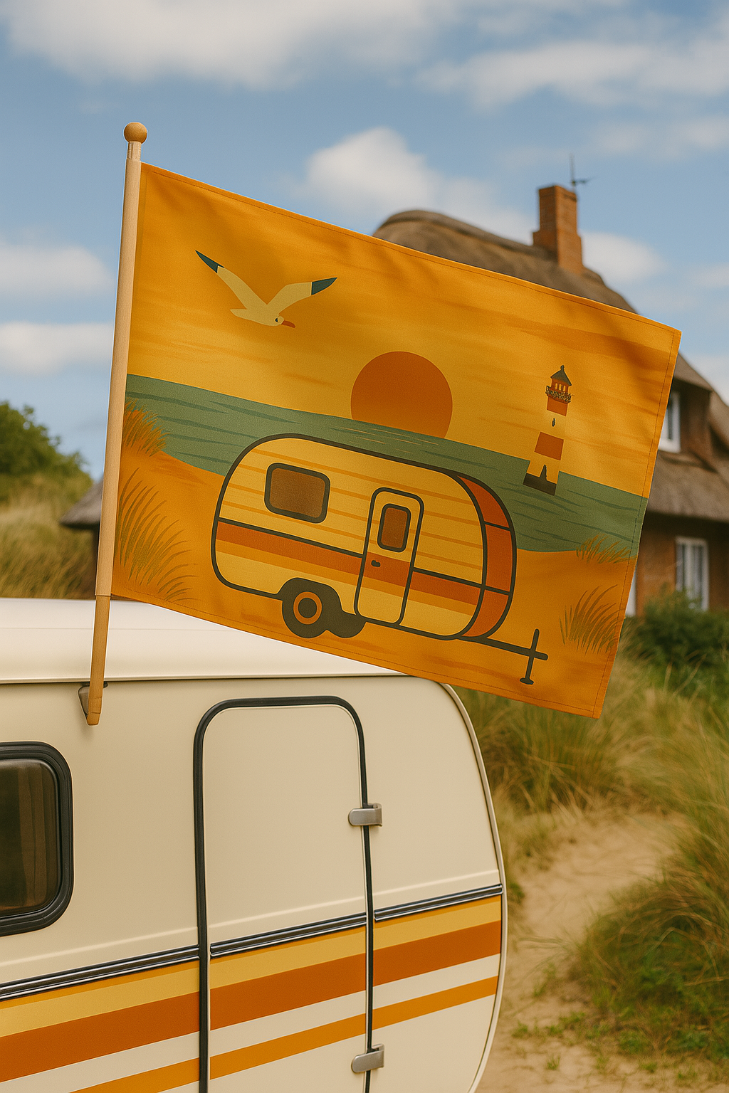 Sylt Flagge Camping – Wohnwagen im Sonnenuntergang