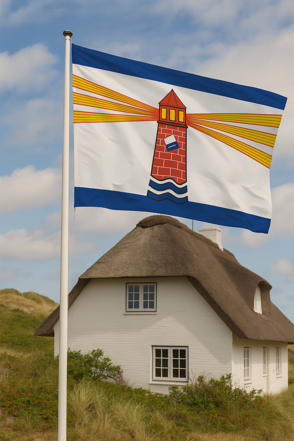 Westerland Syltflagge – Leuchtturm mit Lichtstrahlen im modernen Design