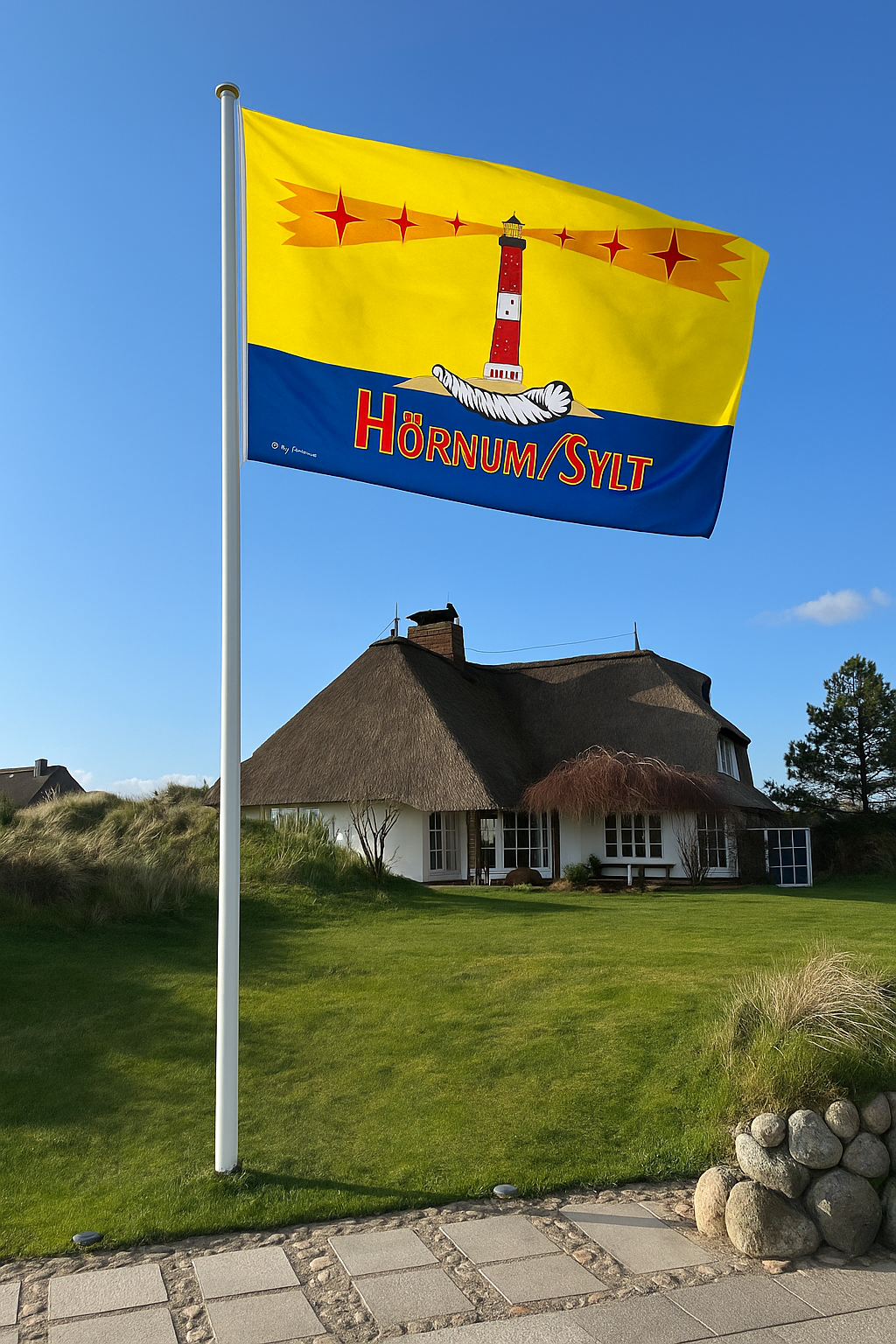 Hörnum Flagge mit Schrift – Der Süden von Sylt im Wind