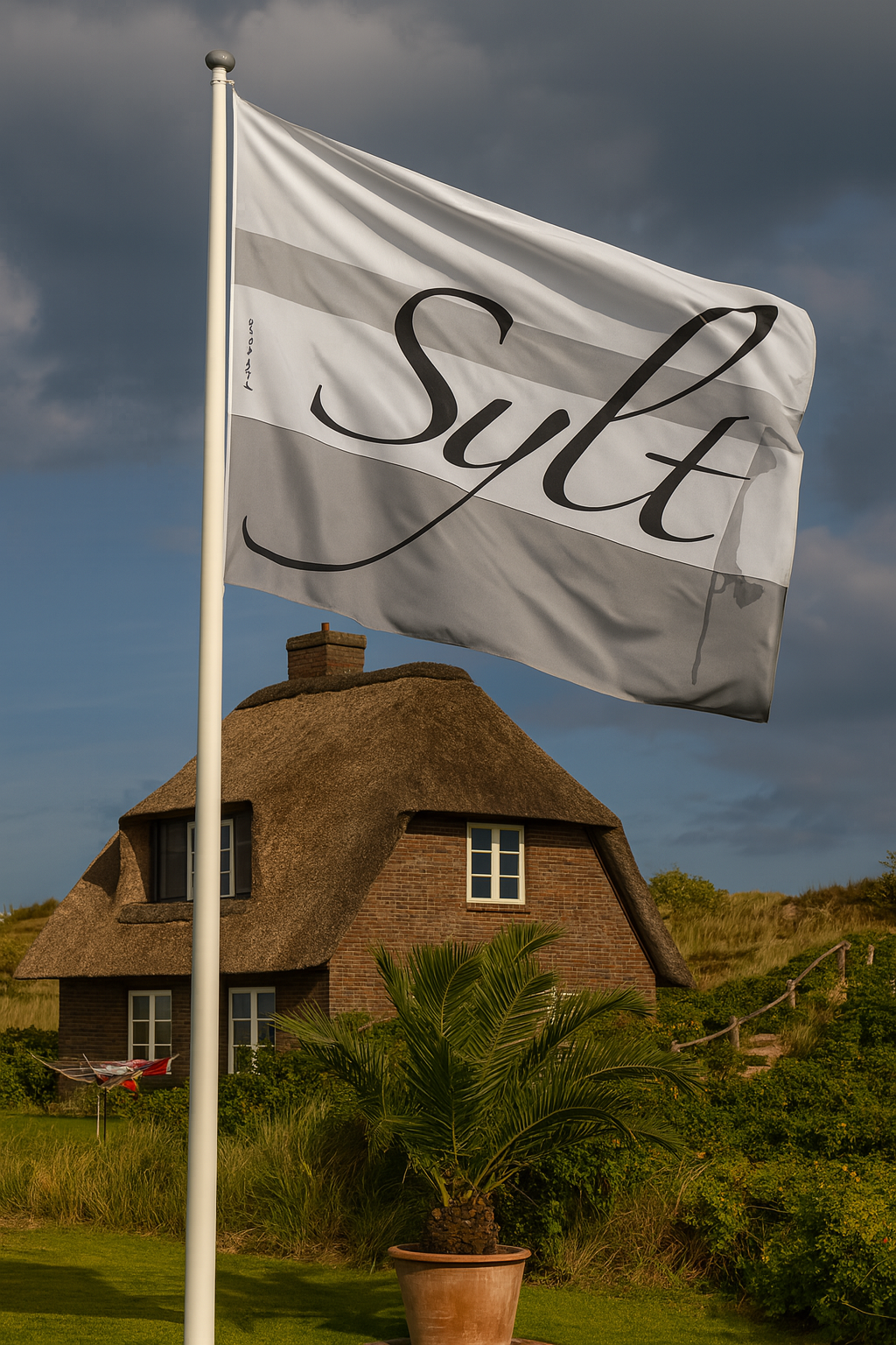 Sylt Schriftzug Flagge – Elegantes Design in Grautönen