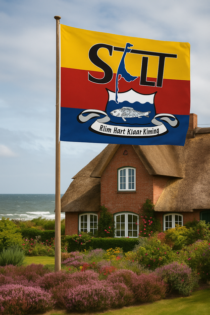 Drapeau de Sylt – « Rüm Hart Klaar Kiming » avec armoiries, inscription et motif d'île