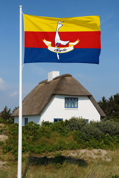 Drapeau de Sylt aux couleurs frisonnes – avec contour de l'île et inscription