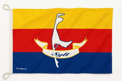 Drapeau de Sylt aux couleurs frisonnes – avec contour de l'île et inscription
