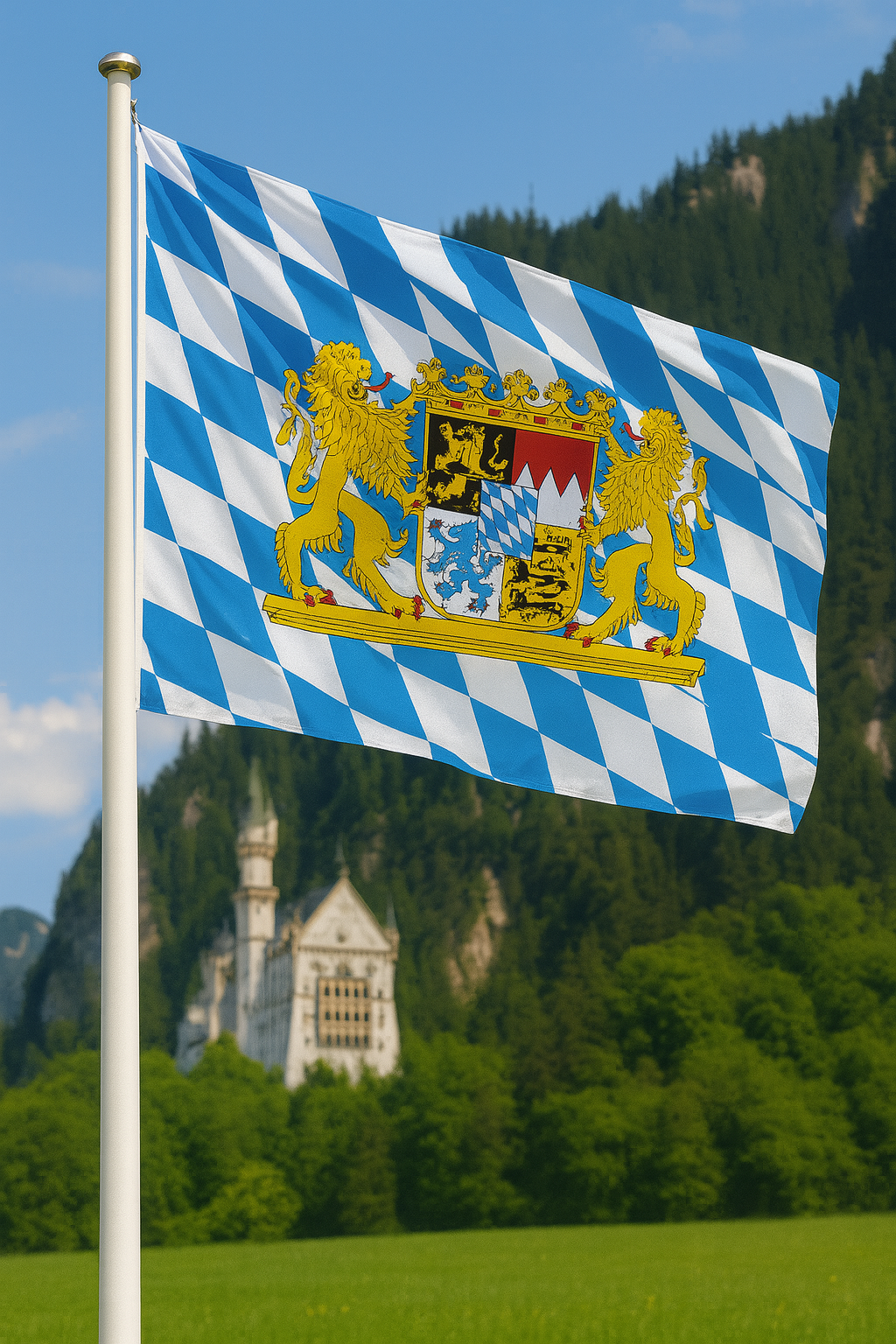 Bayernflagge mit Rautenmuster & Staatswappen – Tradition mit königlichem Charakter