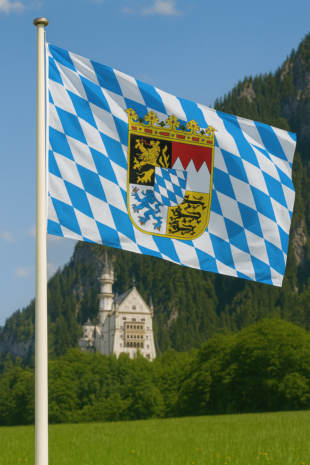 Bayernflagge mit Rautenmuster & Staatswappen – Landesflagge Bayerns