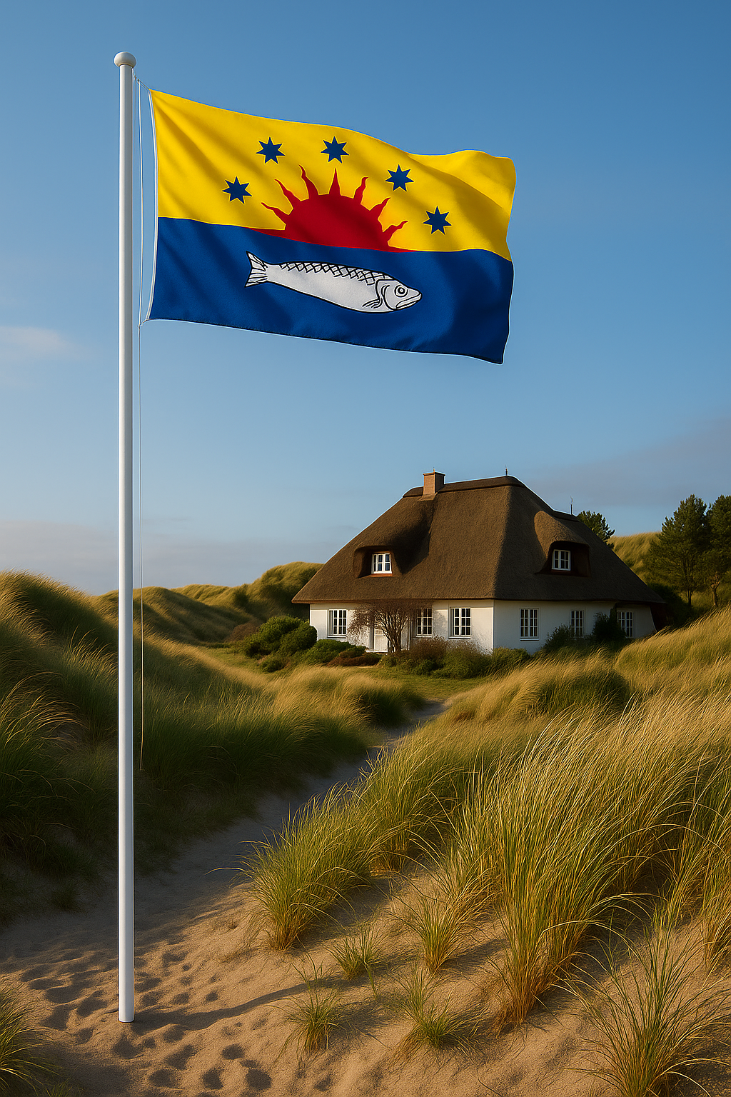 Flagge von Sylt-Ost – Sonne, Sterne & Hering