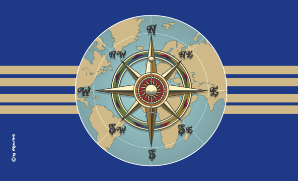 Windrose blau, Windrosen flagge, Windrose und Weltkarte